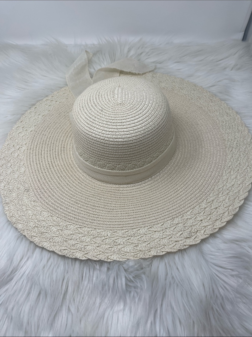 Women’s Beige Wide Brim Floppy Sun Hat with Bow One Size - Picture 6 of 6
